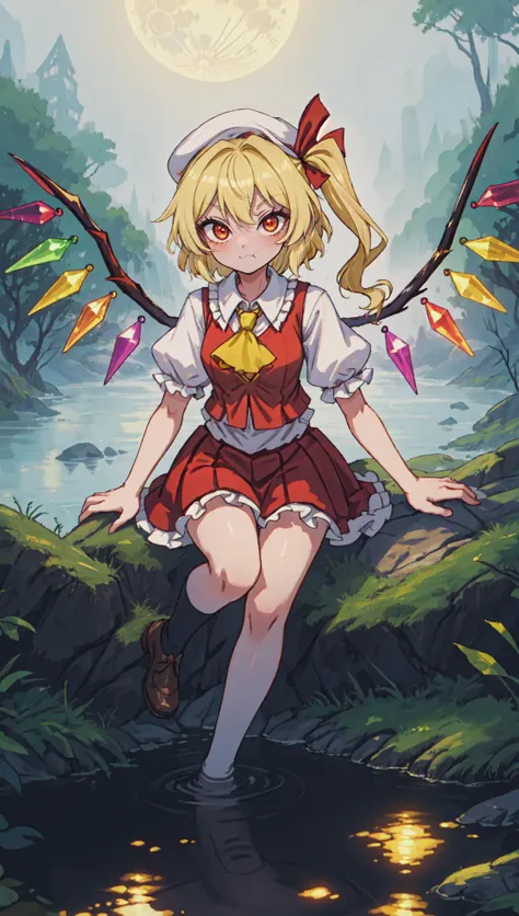 mksks detailed-background masterpiece best-quality flandre-scarlet white-mob-cap blonde-hair red-eyes red-skirt-set red-vest wings fang yellow-ascot sitting-on-a-rock-by-the-stream river water reflection water-ripples hands-on-own-knees medium-breasts BREAK darkness outdoors nature fog depth-of-field moon tree