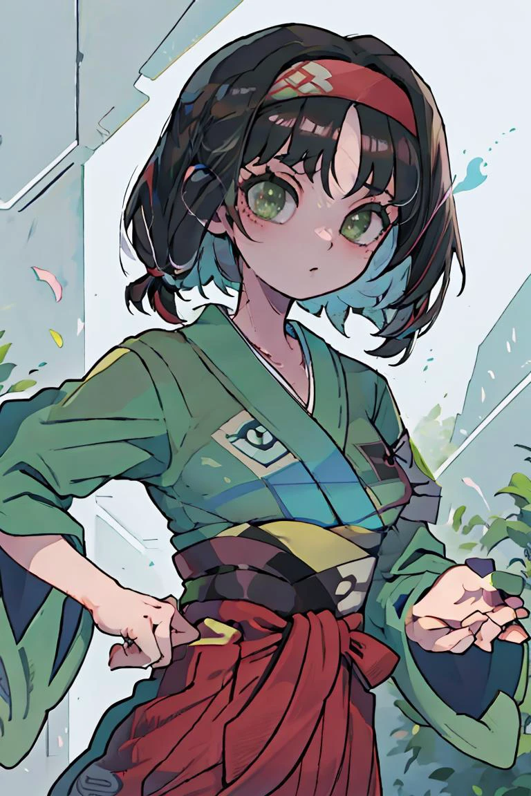 (masterpiece, best quality), 1girl, <lora:Erika_Pokemon_Anime_Dim32:1> Erika_Pokemon, green eyes, short black hair, kimono, hakama, red hairband,