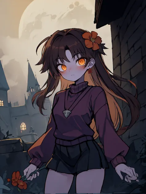 1girl solo castle-exterior full-moon misty eerie mysterious shorts-under-skirt flower-trim-coral-sweater Brown-Hair Orange-Eyes <lora:JdotKdot5_Style-000011:0.8> jkstyle