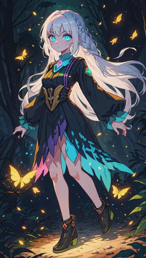 (1girl white-hair long-hair french-braid beautiful-hair-style iridescent-hair:1.2) colorful vibrant-colors mid-shot full-body-(dark-background:1.2) (darkness:1.3) in-a-(mystical-bioluminescent-forest:1.1)-of-wonder-at-(night:1.2) a-blinding-(vortex-of-leaves:1.1)-and-fireflies (light-particles:1.1) ultra-realistic (multicolored_trees:1.25)