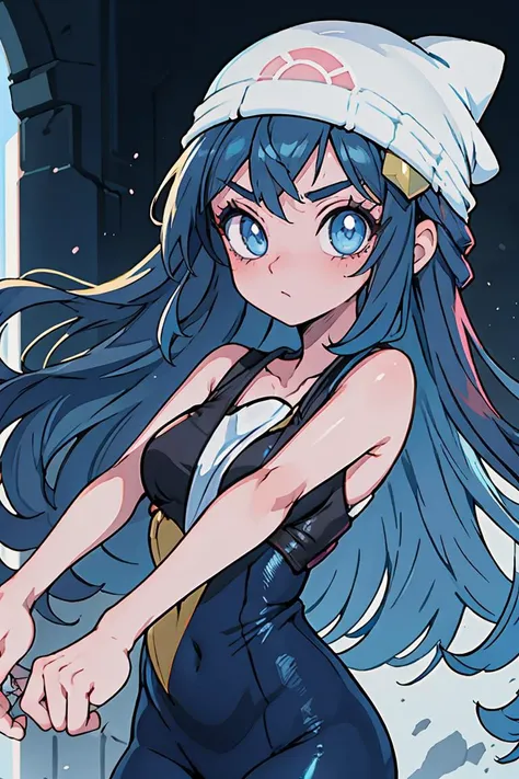 (masterpiece, best quality), 1girl,  <lora:dawn_v2:0.8> dawn pokemon, long hair,  blue eyes, dark blue hair, beanie, hairpin