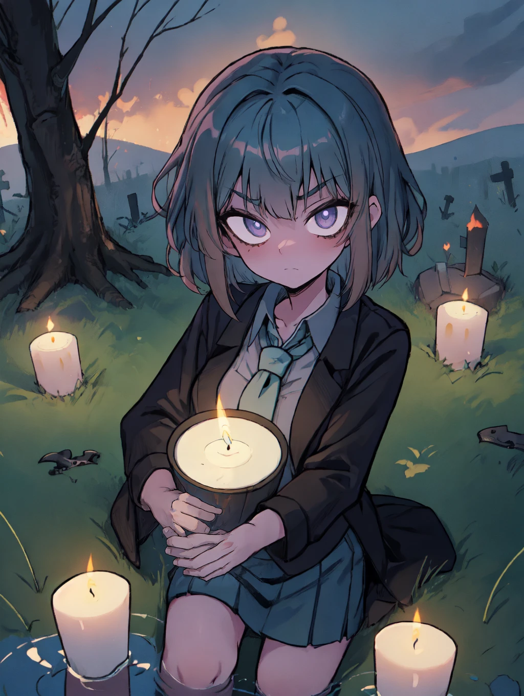 1girl solo graveyard solemn reflective family-plots burning-candles freshly-grass peaceful-solitude light-sky-blue-lowleg-skirt brown-collared-shirt Dark-Blue-Hair Purple-Eyes <lora:JdotKdot5_Style-000011:0.8> jkstyle large-breasts
