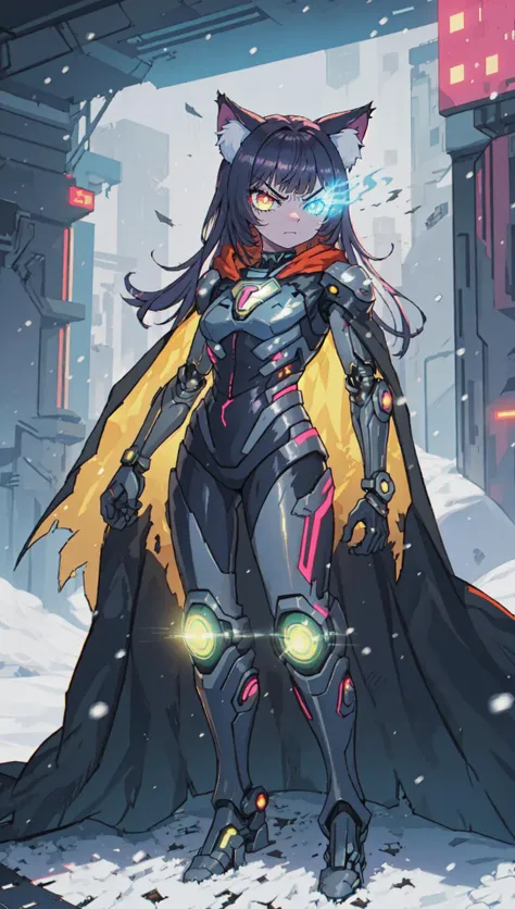 eyeeffect, flamingeyes, best quality, (masterpiece), (1girl), cat ears, (solo focus), (detailed face:1.1), glowing eyes, glaring, cape, (long hair:1.1), blunt bangs, (futuristic cyberpunk:1.3) armor, oiled skin, clenched hands, (gleaming metal:1.1), standing, smoke, (high detail), global illumination, (snow:1.1), exaggerated expression, mid shot, full body <lyco:flameeye:1.0>