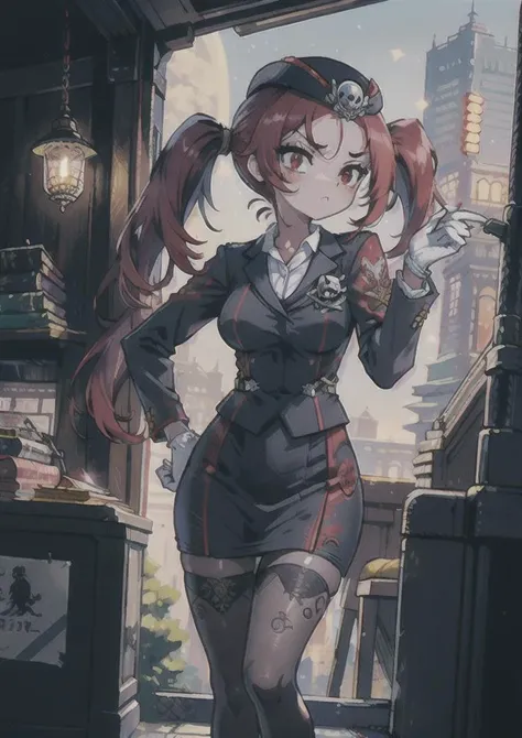 masterpiece:1.2) (best quality) (detailed) (intricate) (8k) (HDR) (wallpaper) (cinematic lighting) (sharp focus),, 1girl, solo, red hair, red eyes, twintails, employee uniform, pencil skirt, skull print, navy cap, fang, black legwear, white gloves, outdoors, train station, standing in front of bus, dark sky, red moon <lora:tourGuideFromThe_tguE6:0.75><lora:Ghibli_v4:0.8>