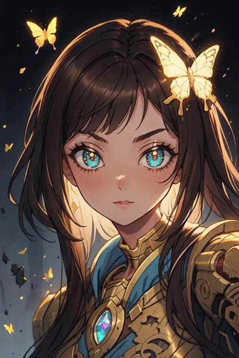 8k portrait of beautiful cyborg with brown hair, intricate, elegant, highly detailed, majestic, digital photography, art by artgerm and ruan jia and greg rutkowski surreal painting gold butterfly filigree, broken glass, (masterpiece, sidelighting, finely detailed beautiful eyes: 1.2), hdr, (detailed background window to a new dimension, plants and flowers:0.7),