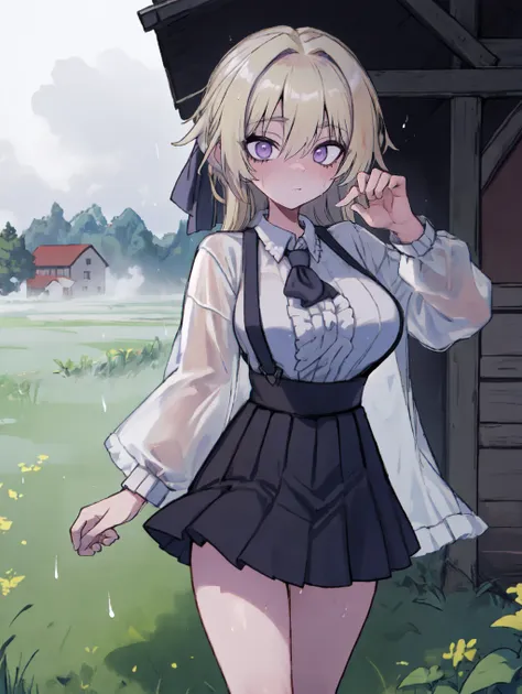 1girl solo countryside fields barn morning foggy rural picturesque suspender-skirt frilled-shirt silver-trim-raincoat Blonde-Hair Purple-Eyes <lora:JdotKdot5_Style-000011:0.8> jkstyle large-breasts