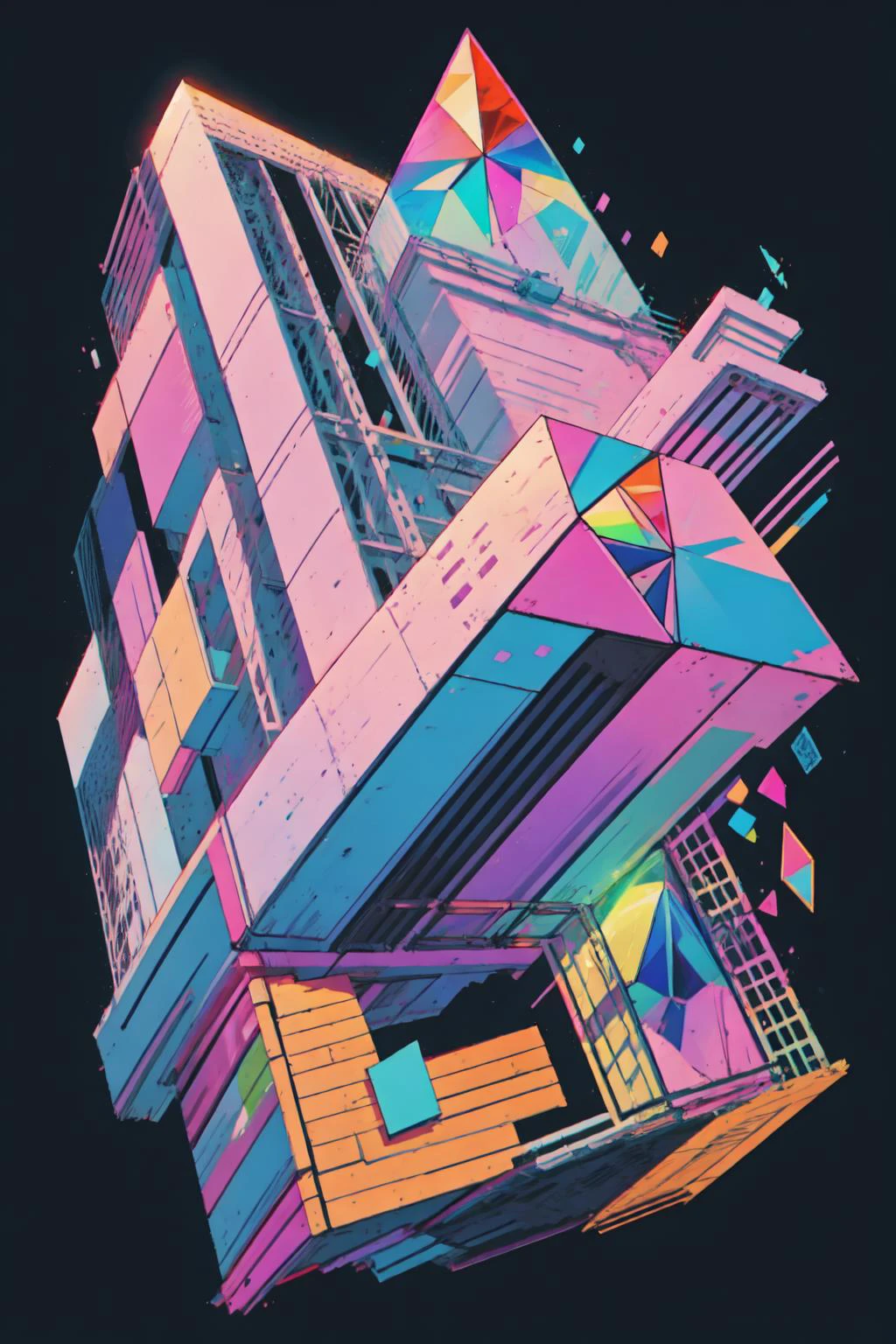 bb3l15, a colorful diagonal abstract structure made of Prism and over a square black background <lora:bb3l15:1>,