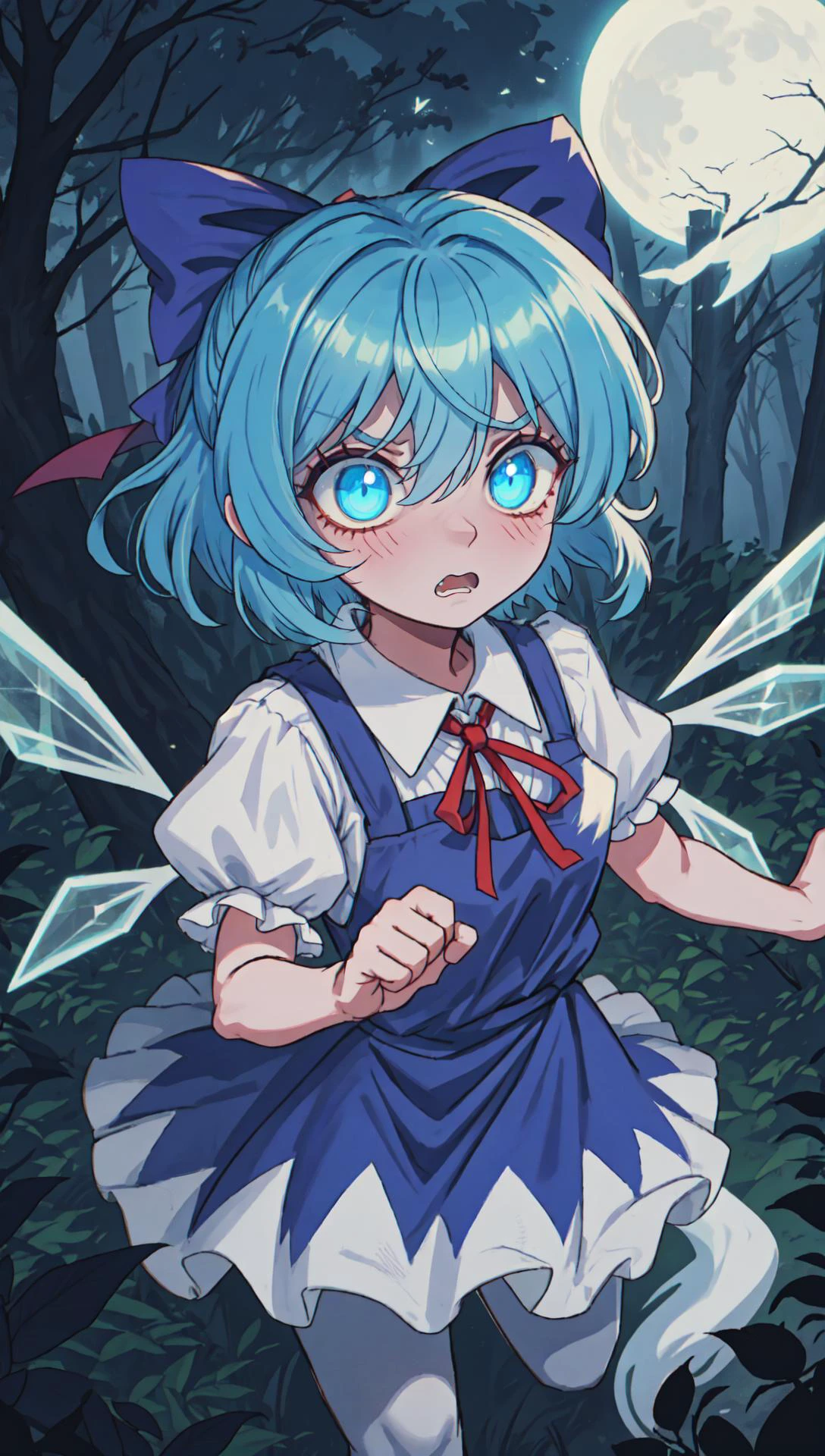 cirno-solo-puffy-short-sleeves-blue-hair-blue-bow-hair-bow-hair-between-eyes-blue-eyes-neck-ribbon-blue-dress-(ice-wings:1.2)-white-shirt-pinafore-dress-short-hair-red-ribbon-terrified-scared-horrified BREAK (darkness:1.2)-night-(ghost:1.1)-fog-outdoors-forest-pine-tree-spooky-horror-\(theme\)-masterpiece-best-quality