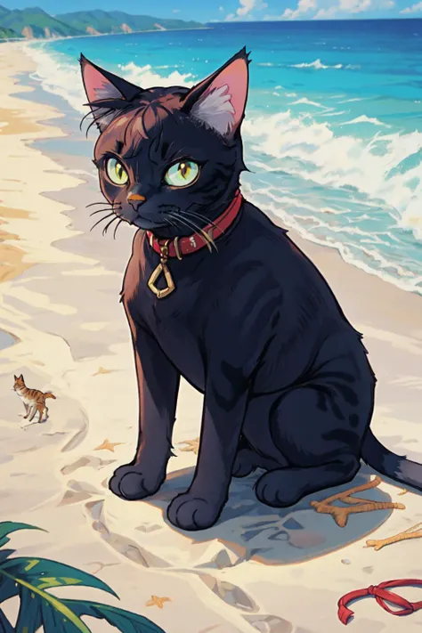 A ((Medium Shot of 1cat)), look away from the camera, beach as background,