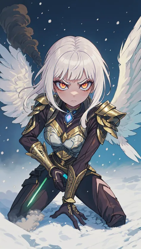 masterpiece best-quality (masterpiece) (1girl) Valkyrie (solo-focus) (detailed-face:1.1) intimidating-expression glowing-eyes (long-hair:1.1) white-hair blunt-bangs (feathered-wings:1.2) (futuristic:1.2)-fur-trimmed-(cyberpunk:0.8:1.2)-armor oiled-skin (gleaming-metal:1.1) fighting-stance (smoke:1.2) holding-an-ornate-sword-by-the-handle-with-her-hand (high-detail) global-illumination (snow:1.1)