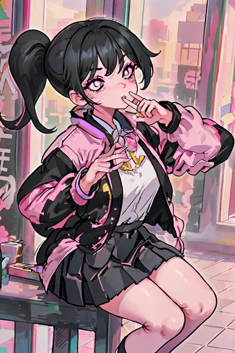 (masterpiece, best quality), 1girl,  <lora:yoru mac girlfriend-lora-nochekaiser:1> yoru mac girlfriend, bangs, black hair, ponytail, sidelocks, (black eyes:1.2), (bright pupils:1.5), jacket, (pink jacket:1.5), skirt, shirt, bow, school uniform, white shirt, pleated skirt, bowtie, black skirt, black footwear, kneehighs,