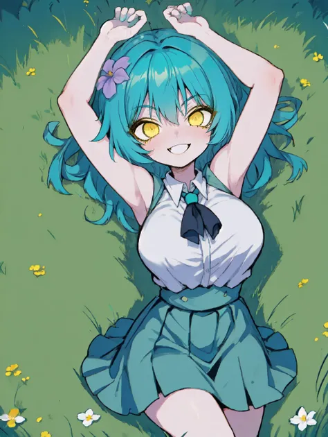 1girl solo meadow flowers grass morning sunny cheerful idyllic dark-violet-long-skirt cyan-sleeveless-shirt Aqua-Hair Yellow-Eyes <lora:JdotKdot5_Style-000011:0.8> jkstyle large-breasts
