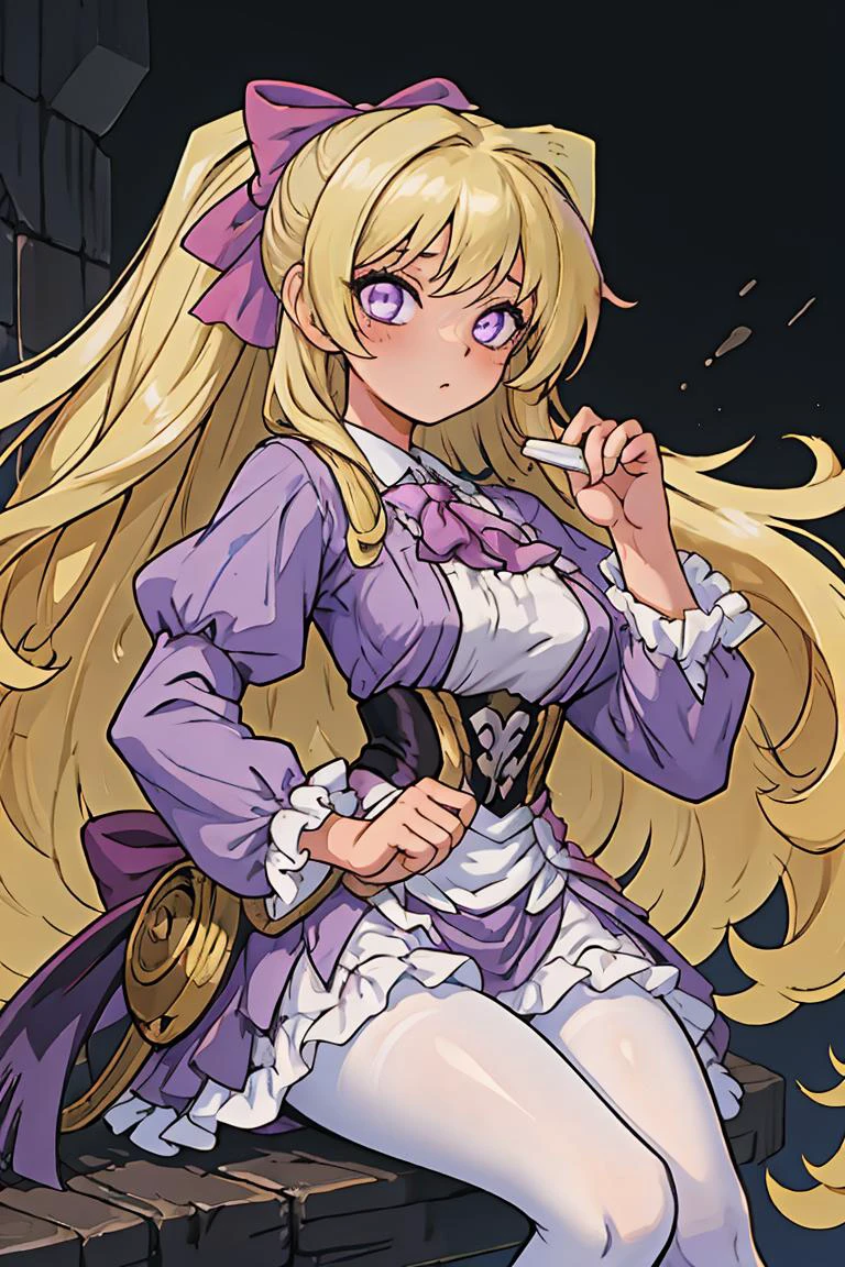 (masterpiece, best quality), 1girl, <lora:leeza-nvwls-v1:0.8> leeza, blonde hair, hair bow, purple dress, long sleeves, frills, black pantyhose