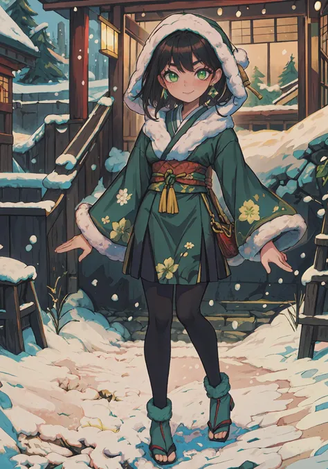 Winter "Feudal-Japan" bashful shy solo upper-body floral-scroll adult-woman manteau long-sleeves black-dress long-skirt green-trim green-lining leggings fur-lining fur-trim black-hair emerald smile green-eyes makeup blush earrings snow full body
<lora:kleggs:1.0>