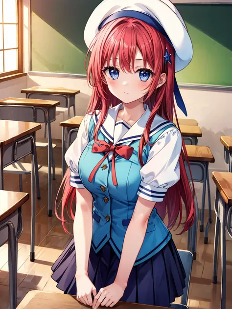 kotorishirakawa, ((masterpiece, best quality, highres, distinct_image)), extremely beautiful and delicate, extremely detailed, intricate detail, cowboy shot, 1girl, solo, short stack, huge breasts, red hair, long hair, straight hair, blue eyes,
BREAK skirt, hat, school uniform, short sleeves, socks, puffy sleeves, puffy short sleeves, beret,
BREAK looking at viewer,
BREAK indoors, classroom,
vivid colors, colorful, bloom, sky, detailed face, detailed ornament, detailed frills, kotori shirakawa,
<lora:etc_Kotori Shirakawa:0.8> <lora:1CL_add details:0.25> <lora:1CL_short stack:1>