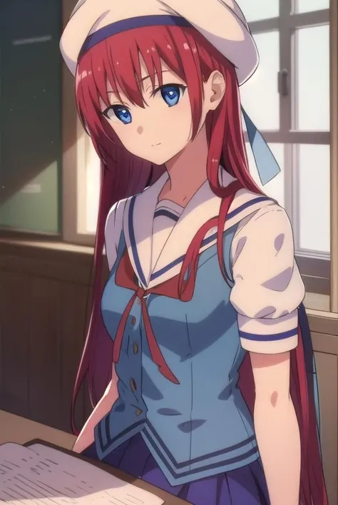 kotorishirakawa, <lora:kotorishirakawatest:1>,
kotori shirakawa, long hair, blue eyes, red hair, (small breast:1.2),
BREAK skirt, hat, school uniform, short sleeves, socks, puffy sleeves, puffy short sleeves, beret,
BREAK looking at viewer,
BREAK indoors, classroom,
BREAK <lora:GoodHands-vanilla:1>, (masterpiece:1.2), best quality, high resolution, unity 8k wallpaper, (illustration:0.8), (beautiful detailed eyes:1.6), extremely detailed face, perfect lighting, extremely detailed CG, (perfect hands, perfect anatomy),