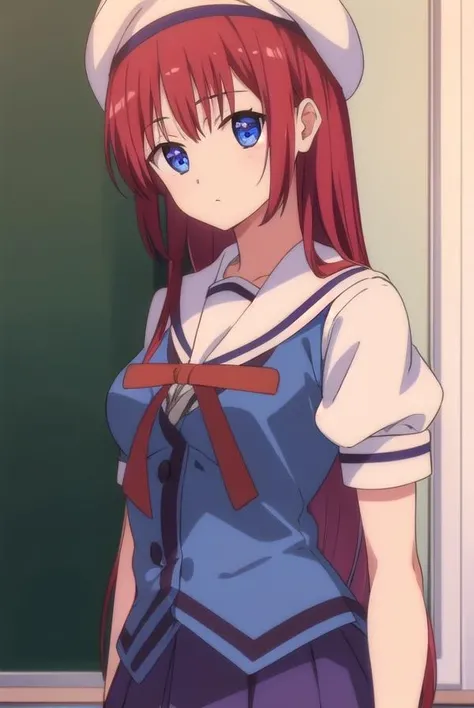 kotorishirakawa, <lora:kotorishirakawatest:1>,
kotori shirakawa, long hair, blue eyes, red hair, (small breast:1.2),
BREAK skirt, hat, school uniform, short sleeves, socks, puffy sleeves, puffy short sleeves, beret,
BREAK looking at viewer,
BREAK indoors, classroom,
BREAK <lora:GoodHands-vanilla:1>, (masterpiece:1.2), best quality, high resolution, unity 8k wallpaper, (illustration:0.8), (beautiful detailed eyes:1.6), extremely detailed face, perfect lighting, extremely detailed CG, (perfect hands, perfect anatomy),