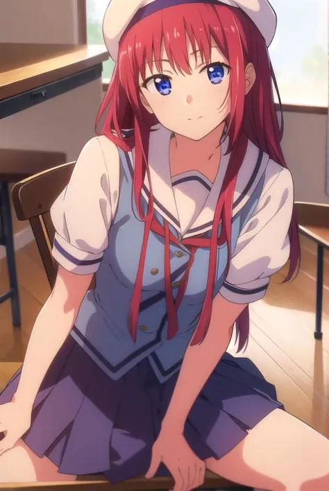 kotorishirakawa, <lora:kotorishirakawatest:1>,
kotori shirakawa, long hair, blue eyes, red hair, (small breast:1.2),
BREAK skirt, hat, school uniform, short sleeves, socks, puffy sleeves, puffy short sleeves, beret,
BREAK looking at viewer,
BREAK indoors, classroom,
BREAK <lora:GoodHands-vanilla:1>, (masterpiece:1.2), best quality, high resolution, unity 8k wallpaper, (illustration:0.8), (beautiful detailed eyes:1.6), extremely detailed face, perfect lighting, extremely detailed CG, (perfect hands, perfect anatomy),