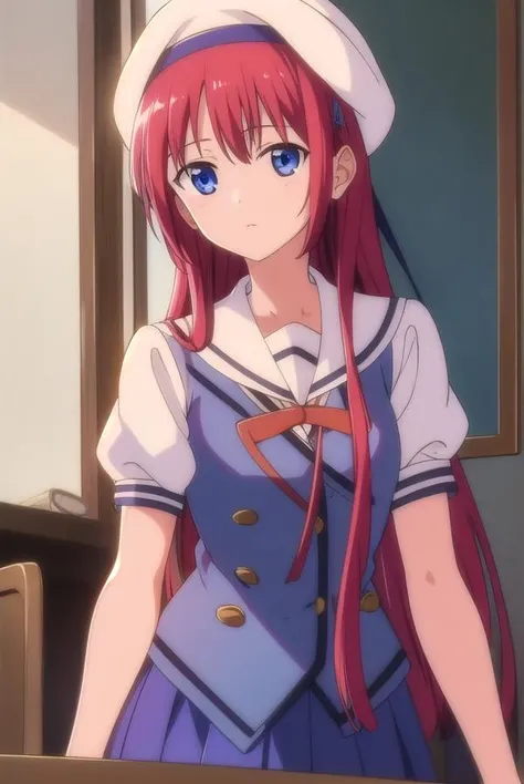 kotorishirakawa, <lora:kotorishirakawatest:1>,
kotori shirakawa, long hair, blue eyes, red hair, (small breast:1.2),
BREAK skirt, hat, school uniform, short sleeves, socks, puffy sleeves, puffy short sleeves, beret,
BREAK looking at viewer,
BREAK indoors, classroom,
BREAK <lora:GoodHands-vanilla:1>, (masterpiece:1.2), best quality, high resolution, unity 8k wallpaper, (illustration:0.8), (beautiful detailed eyes:1.6), extremely detailed face, perfect lighting, extremely detailed CG, (perfect hands, perfect anatomy),