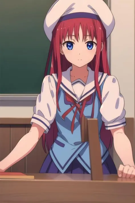 kotorishirakawa, <lora:kotorishirakawatest:1>,
kotori shirakawa, long hair, blue eyes, red hair, (small breast:1.2),
BREAK skirt, hat, school uniform, short sleeves, socks, puffy sleeves, puffy short sleeves, beret,
BREAK looking at viewer,
BREAK indoors, classroom,
BREAK <lora:GoodHands-vanilla:1>, (masterpiece:1.2), best quality, high resolution, unity 8k wallpaper, (illustration:0.8), (beautiful detailed eyes:1.6), extremely detailed face, perfect lighting, extremely detailed CG, (perfect hands, perfect anatomy),