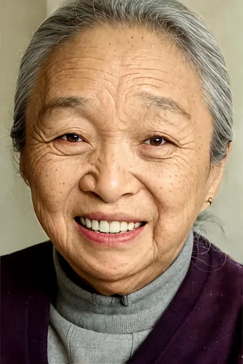 best quality, masterpiece, Asian women,mole, solo, lips, grey_background,realistic, upper_body, looking_at_viewer, black_hair, brown_eyes, sweater, forehead, nose, turtleneck, old woman, 70 yeas old, <lora:baiqing:0.8>