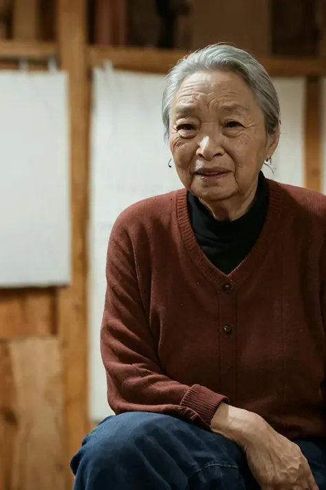 (best quality), (masterpiece),(1women), solo,kindly face,old people,70 years old,(photorealistic), hyper realistic, 8k protrait photo,depth of field,ultra-detailed , good anatomy, beautiful detailed eyes, above knee, photography, bokeh, On the stage,<lora:baiqing:0.8>