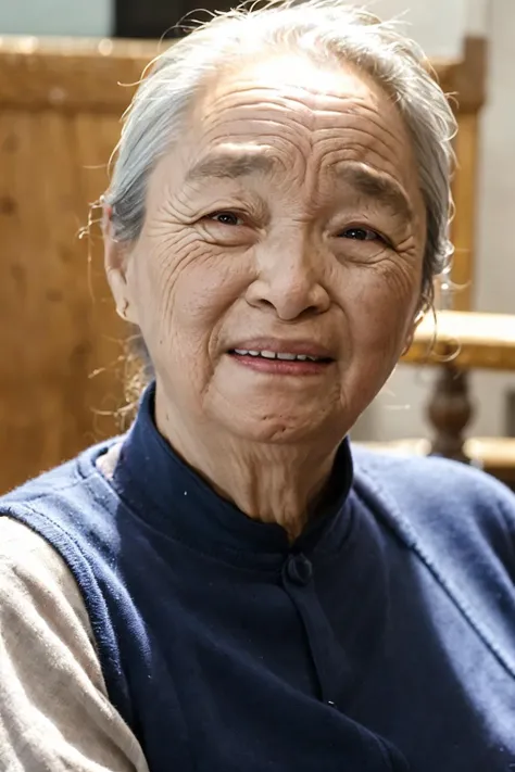 (best quality), (masterpiece),(1women), solo,kindly face,old people,70 years old,(photorealistic), hyper realistic, 8k protrait photo,depth of field, (indoors),ultra-detailed , good anatomy, beautiful detailed eyes, above knee, photography, bokeh,<lora:baiqing:0.8>