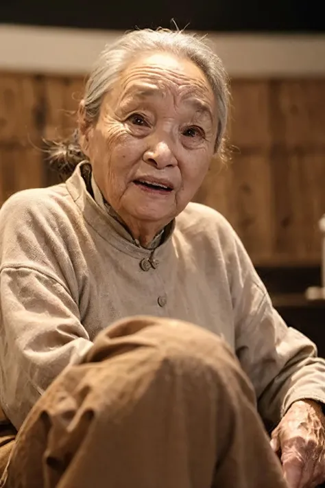 (best quality), (masterpiece),(1women), solo,kindly face,old people,70 years old,(photorealistic), hyper realistic, 8k protrait photo,depth of field,ultra-detailed , good anatomy, beautiful detailed eyes, above knee, photography, bokeh, On the stage,<lora:baiqing:0.8>