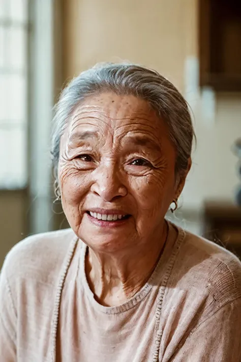 (best quality), (masterpiece),(1women), solo,kindly face,old people,70 years old,(photorealistic), hyper realistic, 8k protrait photo,depth of field, (indoors),ultra-detailed , good anatomy, beautiful detailed eyes, above knee, photography, bokeh,<lora:baiqing:0.8>
