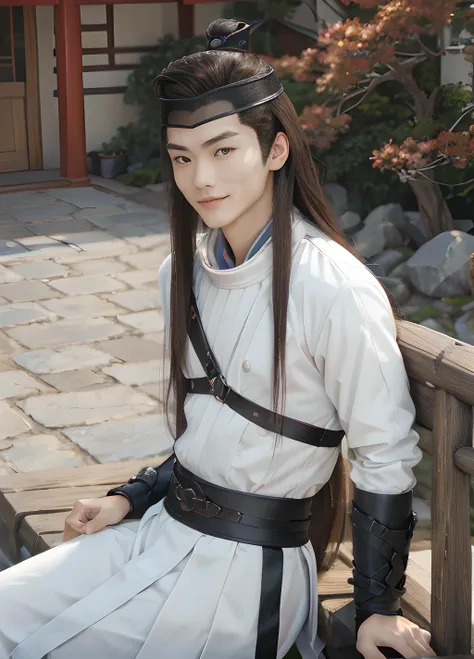 view from the top, masterpiece, best quality, face focus, long hair, muscular asian male posing, close to a stone fence in a Chinese temple, detailed face, (gentle smile), <lora:yulexuanbwlora2:0.6>