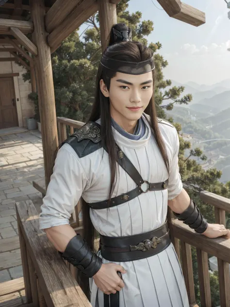 view from the top, masterpiece, best quality, face focus, long hair, muscular asian male posing, big pectorals, close to a stone fence in a Chinese temple, detailed face, (gentle smile),  <lora:yulexuanbwlora2:0.6>