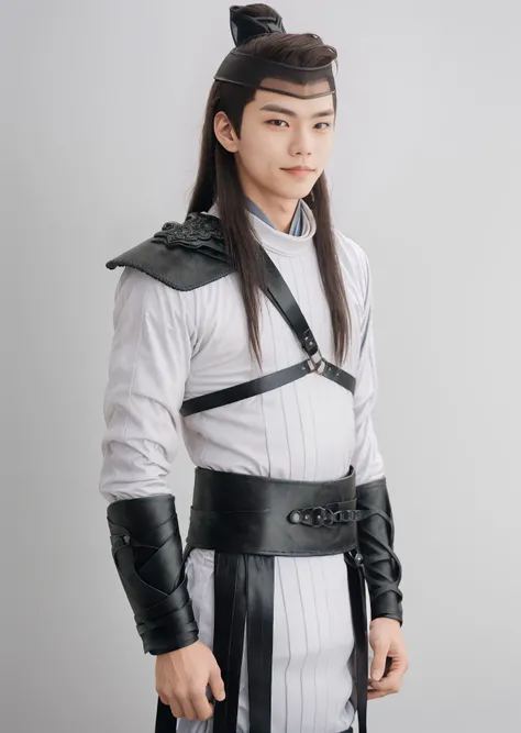 ylx yulexuanblk , sharp focus, half-body shot, big muscles, front view, asian male, long hair, black leather straps, gentle smile, lipstick, makeup, wide hips, wearing a white tight hanfu inside a photography studio, simple background, 8K, best quality,
<lora:yulexuanblkv2:0.8>