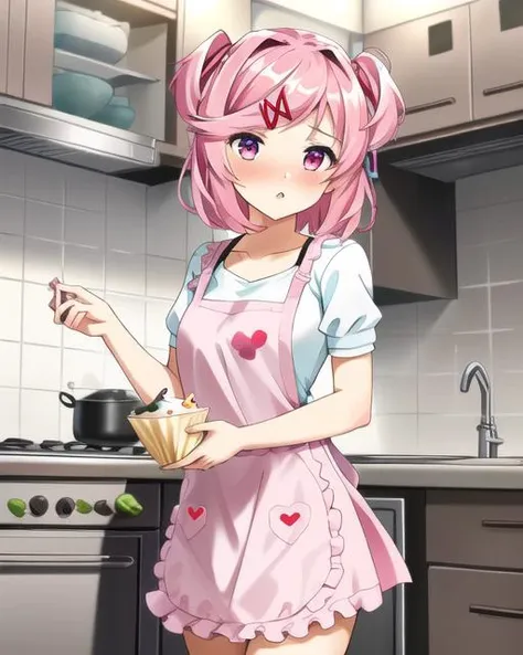 ((best quality)), ((highly detailed)), masterpiece, detailed face, beautiful face, (detailed eyes, deep eyes), (1girl), cowboy shot, <lora:Natsuki_V1:.75>, Natsuki_(doki doki literature club), pink eyes, pink hair, short hair, bangs, swept bangs, hair ornament, hairclip, hair ribbon, two side up, blush, pouty lips, small breasts, ((pink apron), heart print apron)<lora:kitchen_apron:.3>, wearing kitchen_apron, cupcakes, inside, in a kitchen, oven