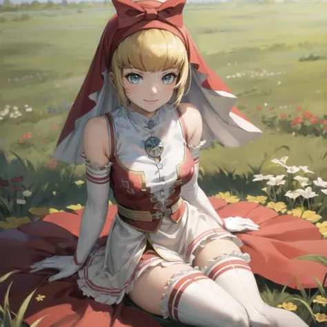masterpiece, best quality, 1girl, (solo), smile, looking at viewer <lora:Idun:1>, red dress, veil, bow, white thigh-high, gloves, field, sitting
