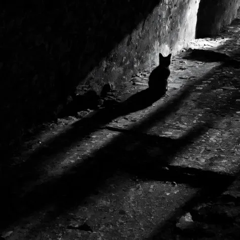 <lora:SDXL_feelings_Sa_May-v5:1>  feelings, cat sitting in a dark room with a light coming through the window