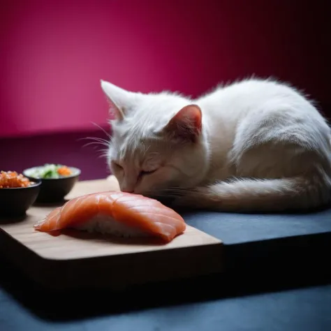 <lora:SDXL_feelings_Sa_May:0.8> Feelings ,
cinematic film still of Juxtaposition of a cat is sleeping on a sushi bed:0.8 roll,simple background,closed eyes,lying,food,no humans,animal,cat,pink background,sleeping,realistic,animal focus,food focus,sushi,makizushi Juxtaposition,artistic,photography,dramatic light,dramatic shadow light,contrast,saturated color,cinematic,filmic,photographic,realistic,realism,perfection,perfect,Juxtaposed,opposite,different things,side by side,syncretism,antithesis,Juxtaposition style,makizushi , creative, photorealism, hyperrealism, Fine art photography style, Fine art cinematic photography style, Eerie, unsettling, dark, spooky, suspenseful, grim, highly detailed, shallow depth of field, vignette, highly detailed, high budget, bokeh, cinemascope, moody, epic, gorgeous, film grain, grainy