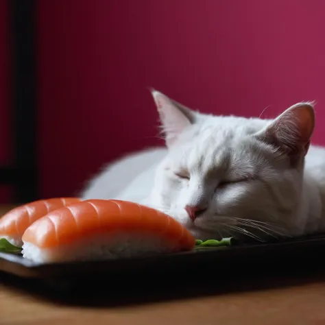 <lora:SDXL_feelings_Sa_May:0.8> Feelings ,
cinematic film still of Juxtaposition of a cat is sleeping on a sushi bed:0.8 roll,simple background,closed eyes,lying,food,no humans,animal,cat,pink background,sleeping,realistic,animal focus,food focus,sushi,makizushi Juxtaposition,artistic,photography,dramatic light,dramatic shadow light,contrast,saturated color,cinematic,filmic,photographic,realistic,realism,perfection,perfect,Juxtaposed,opposite,different things,side by side,syncretism,antithesis,Juxtaposition style,makizushi , creative, photorealism, hyperrealism, Fine art photography style, Fine art cinematic photography style, Eerie, unsettling, dark, spooky, suspenseful, grim, highly detailed, shallow depth of field, vignette, highly detailed, high budget, bokeh, cinemascope, moody, epic, gorgeous, film grain, grainy