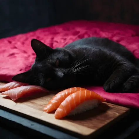 <lora:SDXL_feelings_Sa_May:0.8> Feelings ,
cinematic film still of Juxtaposition of a cat is sleeping on a sushi bed:0.8 roll,simple background,closed eyes,lying,food,no humans,animal,cat,pink background,sleeping,realistic,animal focus,food focus,sushi,makizushi Juxtaposition,artistic,photography,dramatic light,dramatic shadow light,contrast,saturated color,cinematic,filmic,photographic,realistic,realism,perfection,perfect,Juxtaposed,opposite,different things,side by side,syncretism,antithesis,Juxtaposition style,makizushi , creative, photorealism, hyperrealism, Fine art photography style, Fine art cinematic photography style, Eerie, unsettling, dark, spooky, suspenseful, grim, highly detailed, shallow depth of field, vignette, highly detailed, high budget, bokeh, cinemascope, moody, epic, gorgeous, film grain, grainy