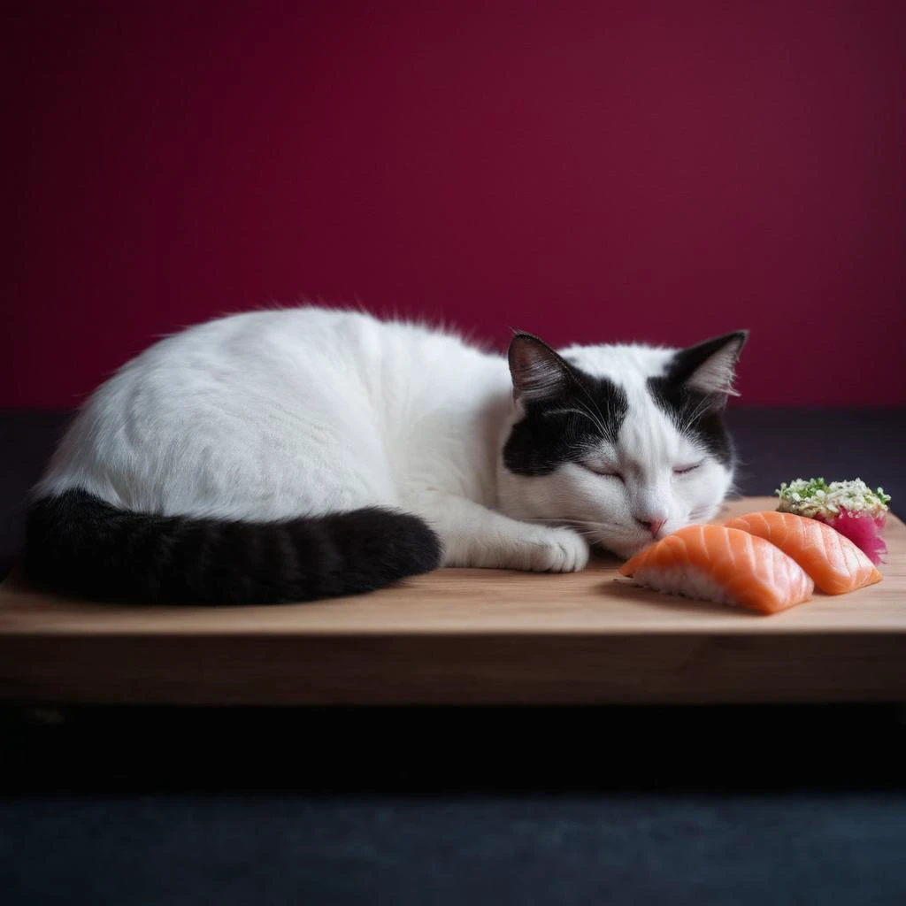 <lora:SDXL_feelings_Sa_May:0.8> Feelings ,
cinematic film still of Juxtaposition of a cat is sleeping on a sushi bed:0.8 roll,simple background,closed eyes,lying,food,no humans,animal,cat,pink background,sleeping,realistic,animal focus,food focus,sushi,makizushi Juxtaposition,artistic,photography,dramatic light,dramatic shadow light,contrast,saturated color,cinematic,filmic,photographic,realistic,realism,perfection,perfect,Juxtaposed,opposite,different things,side by side,syncretism,antithesis,Juxtaposition style,makizushi , creative, photorealism, hyperrealism, Fine art photography style, Fine art cinematic photography style, Eerie, unsettling, dark, spooky, suspenseful, grim, highly detailed, shallow depth of field, vignette, highly detailed, high budget, bokeh, cinemascope, moody, epic, gorgeous, film grain, grainy