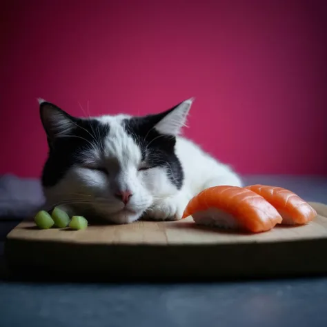 <lora:SDXL_feelings_Sa_May:0.8> Feelings ,
cinematic film still of Juxtaposition of a cat is sleeping on a sushi bed:0.8 roll,simple background,closed eyes,lying,food,no humans,animal,cat,pink background,sleeping,realistic,animal focus,food focus,sushi,makizushi Juxtaposition,artistic,photography,dramatic light,dramatic shadow light,contrast,saturated color,cinematic,filmic,photographic,realistic,realism,perfection,perfect,Juxtaposed,opposite,different things,side by side,syncretism,antithesis,Juxtaposition style,makizushi , creative, photorealism, hyperrealism, Fine art photography style, Fine art cinematic photography style, Eerie, unsettling, dark, spooky, suspenseful, grim, highly detailed, shallow depth of field, vignette, highly detailed, high budget, bokeh, cinemascope, moody, epic, gorgeous, film grain, grainy