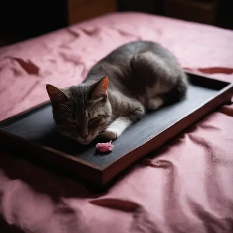 <lora:SDXL_feelings_Sa_May:0.8> Feelings ,
cinematic film still of Juxtaposition of a cat is sleeping on a sushi bed:0.8 roll,simple background,closed eyes,lying,food,no humans,animal,cat,pink background,sleeping,realistic,animal focus,food focus,sushi,makizushi Juxtaposition,artistic,photography,dramatic light,dramatic shadow light,contrast,saturated color,cinematic,filmic,photographic,realistic,realism,perfection,perfect,Juxtaposed,opposite,different things,side by side,syncretism,antithesis,Juxtaposition style,makizushi , creative, photorealism, hyperrealism, Fine art photography style, Fine art cinematic photography style, Eerie, unsettling, dark, spooky, suspenseful, grim, highly detailed, shallow depth of field, vignette, highly detailed, high budget, bokeh, cinemascope, moody, epic, gorgeous, film grain, grainy