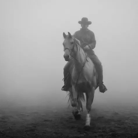 <lora:SDXL_feelings_Sa_May-v5:1> feelings, a man riding a horse, foggy
