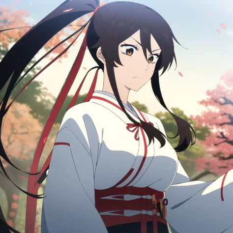 (masterpiece), (best quality), <lora:artkoikoi_yamada_asaemon_sagiri:1>, asaemon_sagiri, 1girl, solo, long_hair, black_hair, ponytail, weapon, outdoors, brown eyes, ribbon, japanese_clothes, sword, wide_sleeves, kimono, holding_weapon, tree, sash, obi, nature, ((afternoon)), flowers, petals, wind