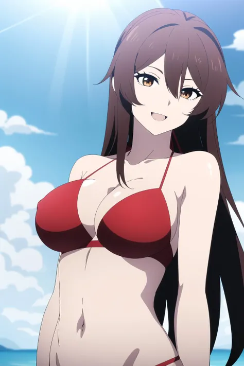 (masterpiece), ((best quality)), nsfw, <lora:artkoikoi_yamada_asaemon_sagiri:0.85>, asaemon_sagiri, 1girl, solo, long_hair, looking_at_viewer, brown_hair, black_hair, brown_eyes, smiling, :d, upper_body, loose hair, breasts, red bikini, tight bikini, navel, midriff, (sunglasses), beach, sun, sky, sand