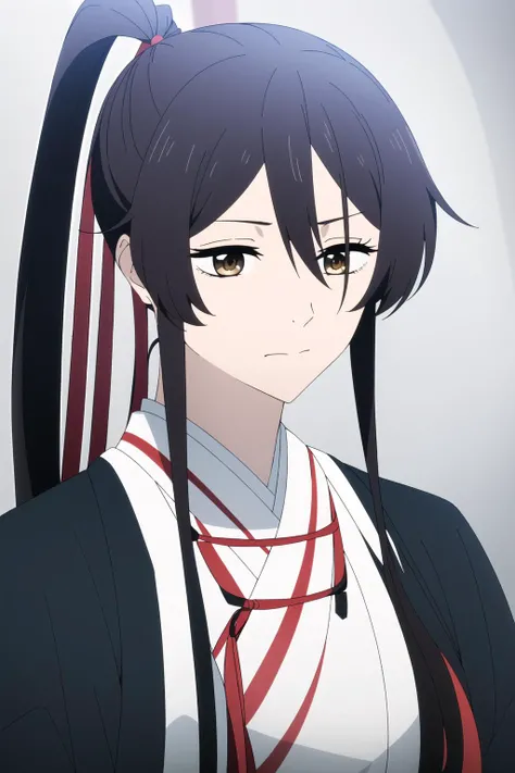 (masterpiece), (best quality), <lora:artkoikoi_yamada_asaemon_sagiri:1>, asaemon_sagiri, 1girl, solo, long_hair, looking_at_viewer, black_hair, hair_between_eyes, brown_eyes, closed_mouth, upper_body, ponytail, sidelocks, japanese_clothes, kimono, high_ponytail, white_kimono, black haori, grey background