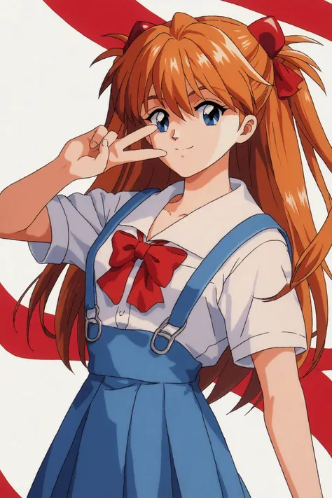 score_9,score_8_up,score_7_up,
1girl,souryuu asuka langley,solo,long hair,school uniform,blue eyes,smile,white background,ribbon,shirt,simple background,v,orange hair,short sleeves,skirt,red ribbon,neck ribbon,white shirt,bangs,hair between eyes,looking at viewer,tokyo-3 middle school uniform,signature,closed mouth,two side up,hair ornament,suspender skirt,interface headset,suspenders,cowboy shot,blue skirt,1990s \(style\),retro artstyle,
<lora:Tokimeki Memorial_XL_PONY:0.8>,