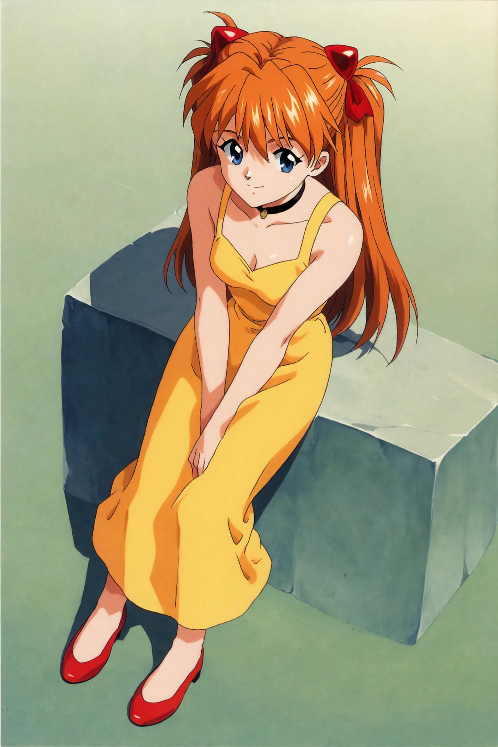 score_9,score_8_up,score_7_up,masterpiece,best quality,very aesthetic,absurdres,official art,official style,
1girl,souryuu asuka langley,yellow dress,dress,solo,shadow,long hair,blue eyes,breasts,gradient,orange hair,gradient background,smile,choker,sitting,shoes,bangs,full body,cleavage,looking at viewer,small breasts,bare shoulders,from above,two side up,yellow background,v arms,light smile,sleeveless,hair ornament,closed mouth,sleeveless dress,1990s \(style\),
<lora:Tokimeki Memorial_XL_PONY:0.8>,