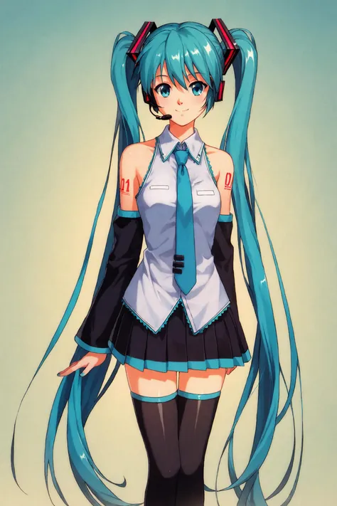 score_9,score_8_up,score_7_up,masterpiece,best quality,
1girl,long hair,solo,hatsune miku,thighhighs,twintails,skirt,detached sleeves,very long hair,necktie,smile,aqua eyes,aqua hair,tattoo,shirt,black thighhighs,sleeveless,zettai ryouiki,black skirt,looking at viewer,headset,sleeveless shirt,hair ornament,pleated skirt,bare shoulders,aqua necktie,headphones,shoulder tattoo,white shirt,standing,black sleeves,miniskirt,1990s \(style\),
<lora:Tokimeki Memorial_XL_PONY:0.8>,