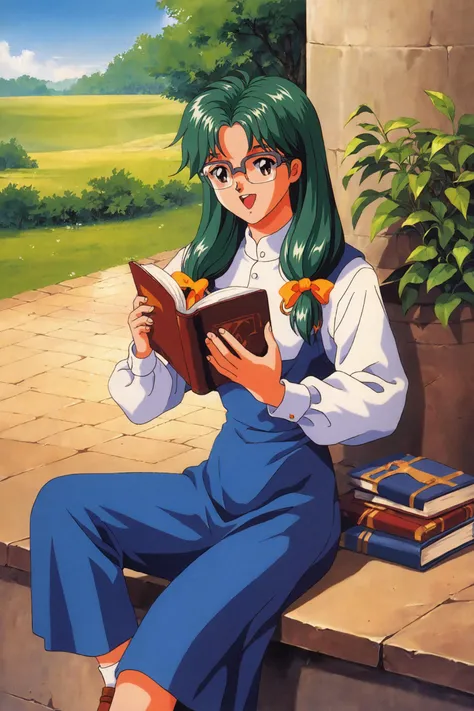 score_9,score_8_up,score_7_up,masterpiece,best quality,
Mio Kisaragi,book,1girl,glasses,retro artstyle,1990s (style),low-tied long hair,sitting,open mouth,holding,long sleeves,holding book,smile,green hair,leaf,knee up,outdoors,
<lora:Tokimeki Memorial_XL_PONY:0.8>,