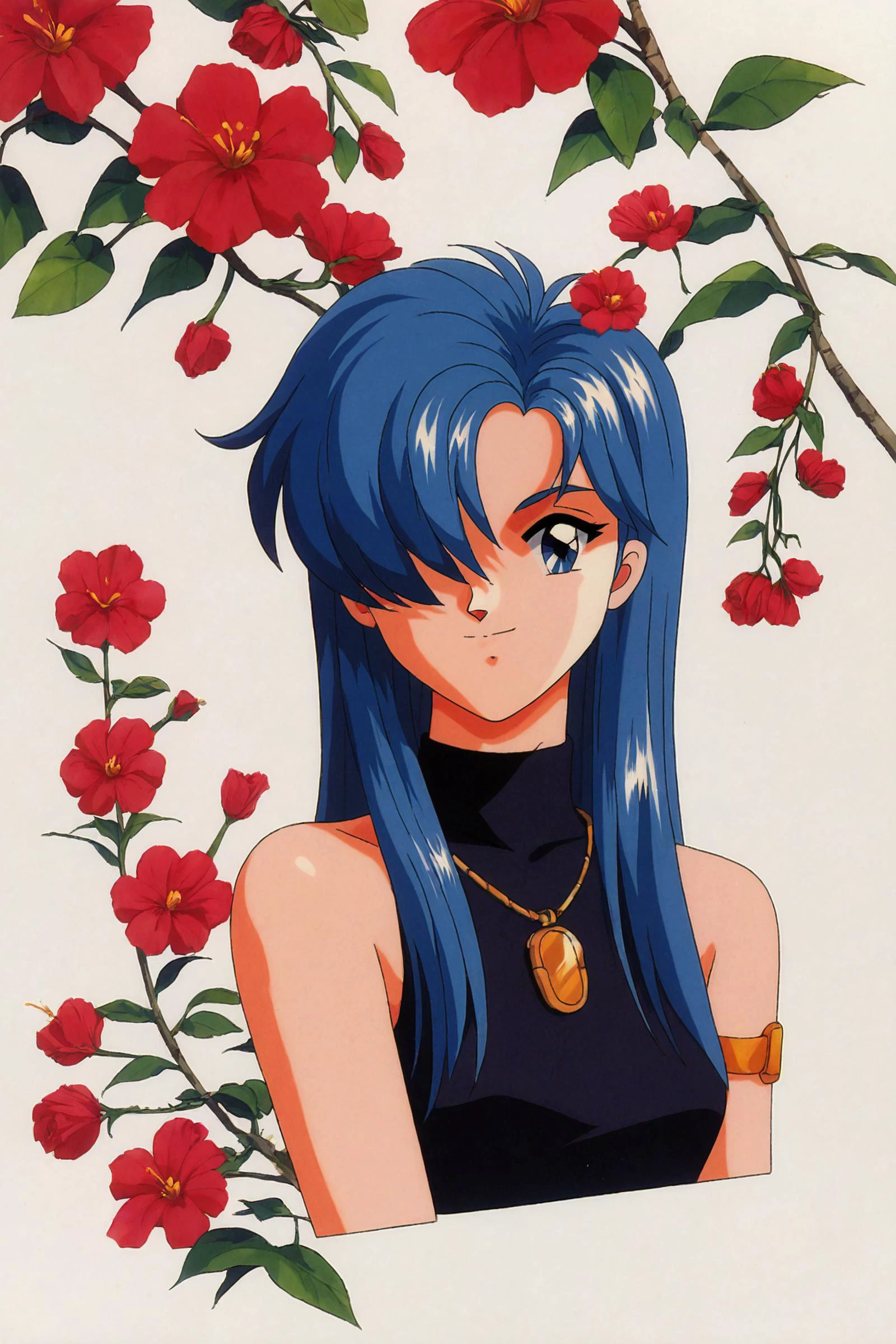 score_9,score_8_up,score_7_up,masterpiece,best quality,
Yuina Himoo,1girl,solo,blue hair,blue eyes,watch,hair over one eye,wristwatch,long hair,sleeveless,1990s (style),retro artstyle,bare shoulders,smile,turtleneck,white background,simple background,upper body,flower background,red flower,
<lora:Tokimeki Memorial_XL_PONY:0.9>,